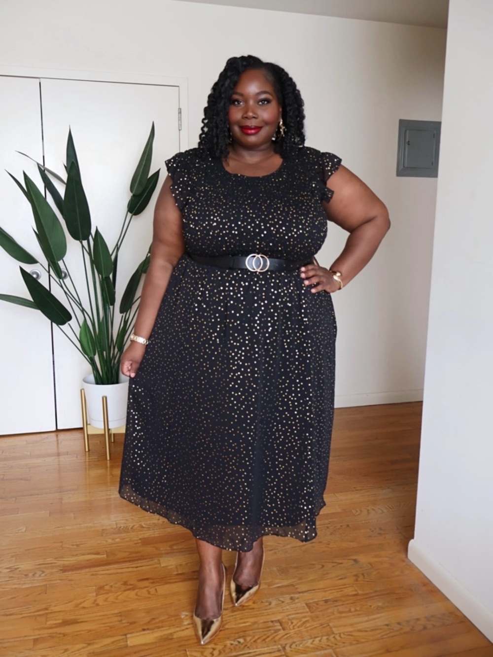 Lane Bryant Black/Gold Polka Dot Flutter Sleeve Midi Dress, Size 26/28